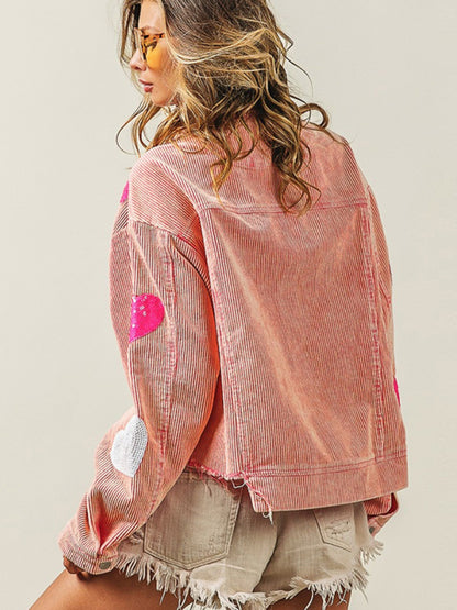 Women Valentine's Day Love Sequin Jacket Raw Edge Corduroy Jacket - FashionistaDeal