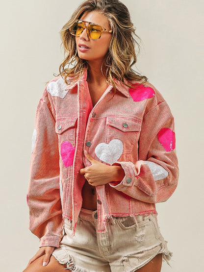 Women Valentine's Day Love Sequin Jacket Raw Edge Corduroy Jacket - FashionistaDeal