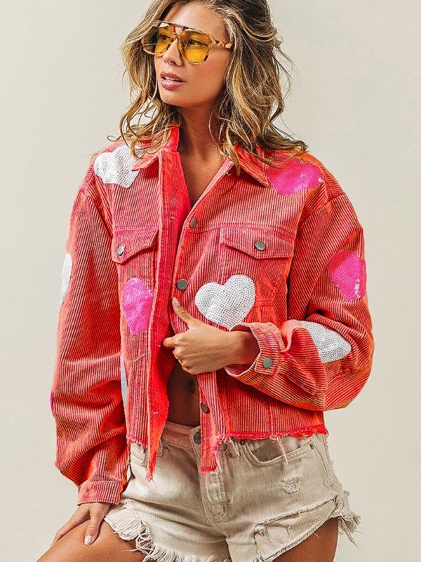 Women Valentine's Day Love Sequin Jacket Raw Edge Corduroy Jacket - FashionistaDeal