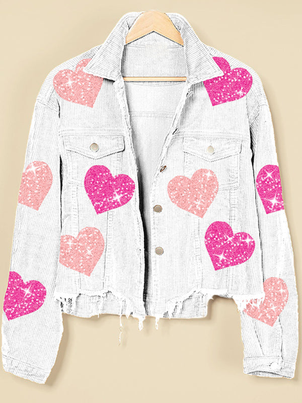 Women Valentine's Day Love Sequin Jacket Raw Edge Corduroy Jacket - FashionistaDeal