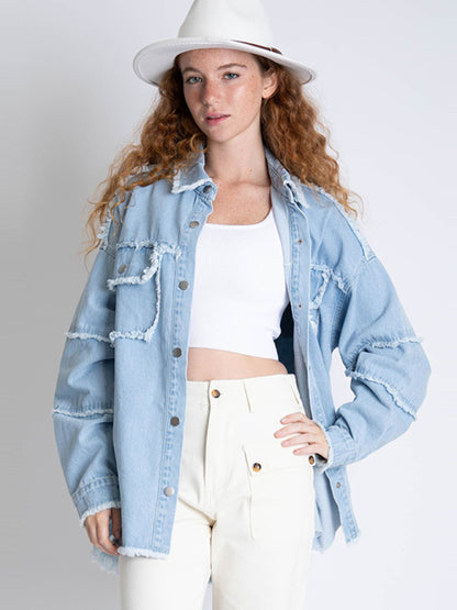 Women's raw edge denim jacket back lettered long sleeve jacket - FashionistaDeal