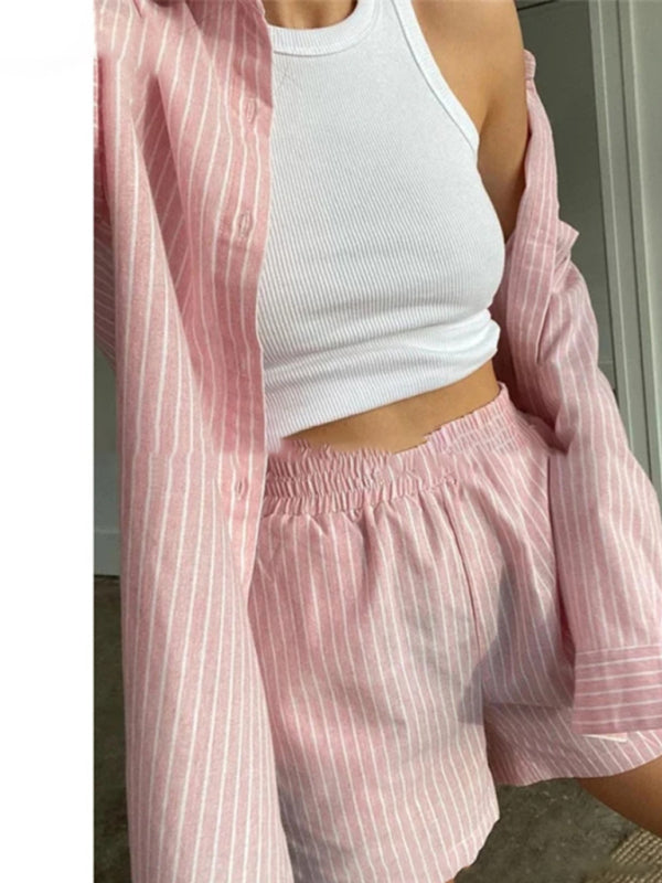 Women's casual striped shirt and shorts two-piece set - FashionistaDeal