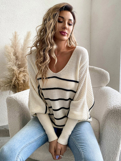 Women's casual loose striped V-neck long-sleeved sweater - FashionistaDeal