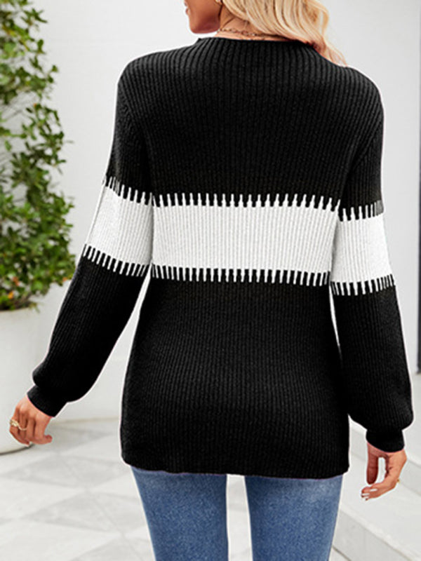 Women's Contrast Color Spliced Turtleneck Sweater - FashionistaDeal