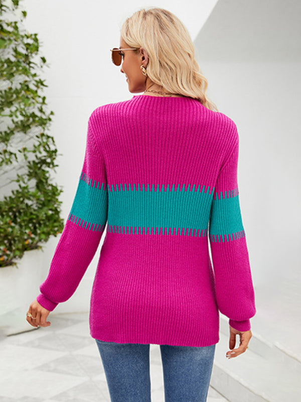 Women's Contrast Color Spliced Turtleneck Sweater - FashionistaDeal