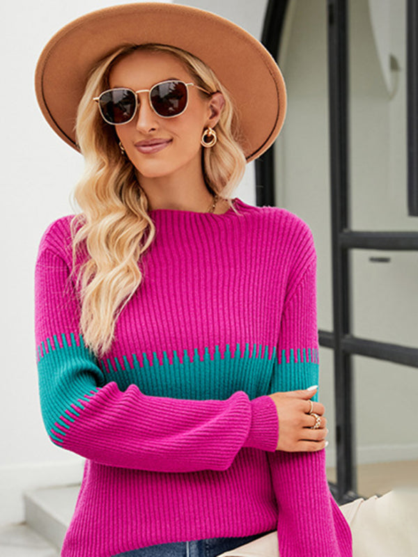 Women's Contrast Color Spliced Turtleneck Sweater - FashionistaDeal