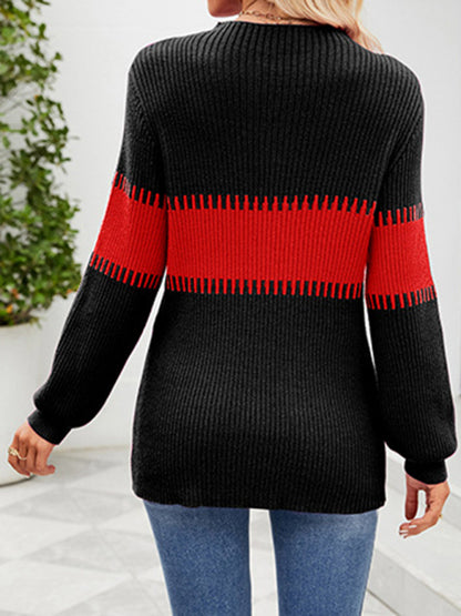 Women's Contrast Color Spliced Turtleneck Sweater - FashionistaDeal