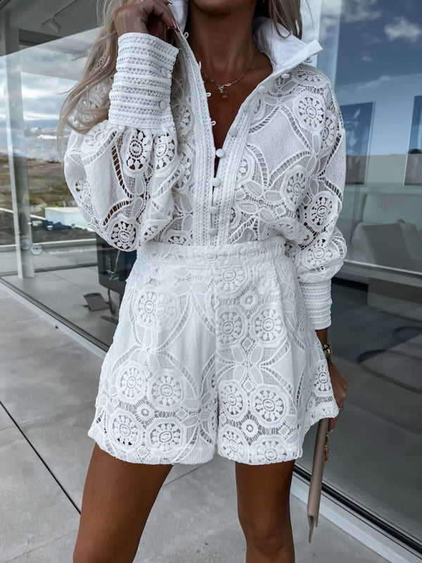 Women's clothing solid color single breasted stand collar lace shorts suit - FashionistaDeal