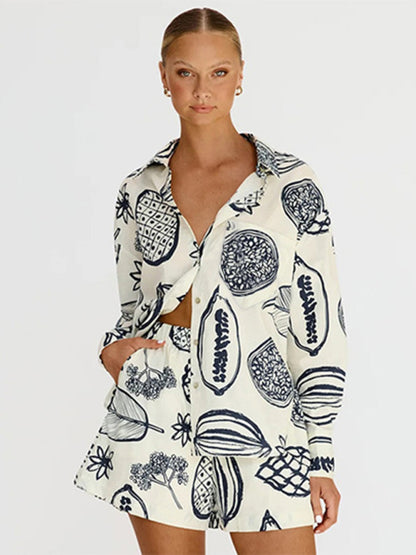 Women's New Casual Premium Fruit Print Shorts Cardigan Set - FashionistaDeal