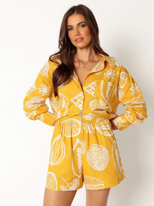 Women's New Casual Premium Fruit Print Shorts Cardigan Set - FashionistaDeal