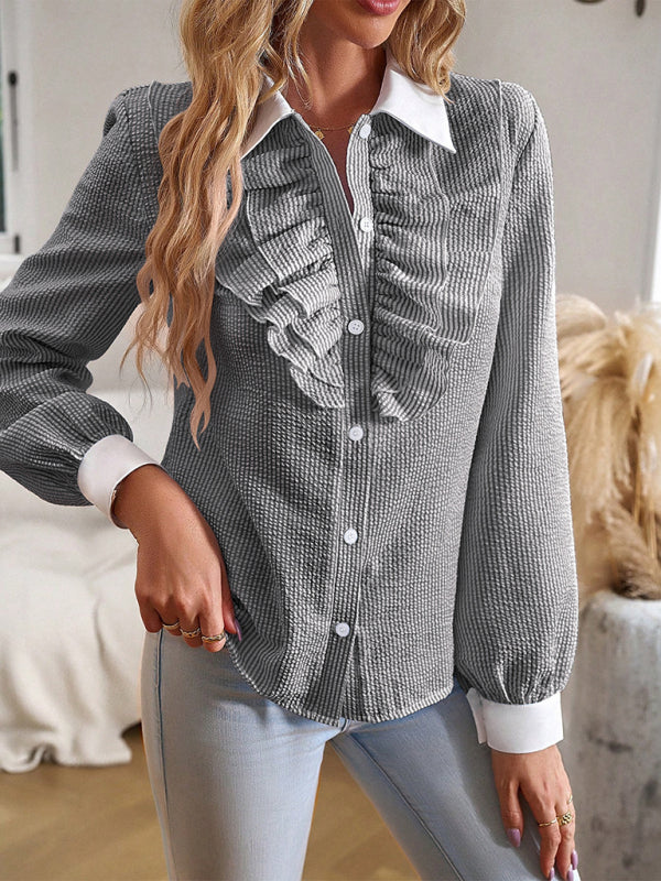 Women's commuter lapel lace patchwork long-sleeved blouse - FashionistaDeal