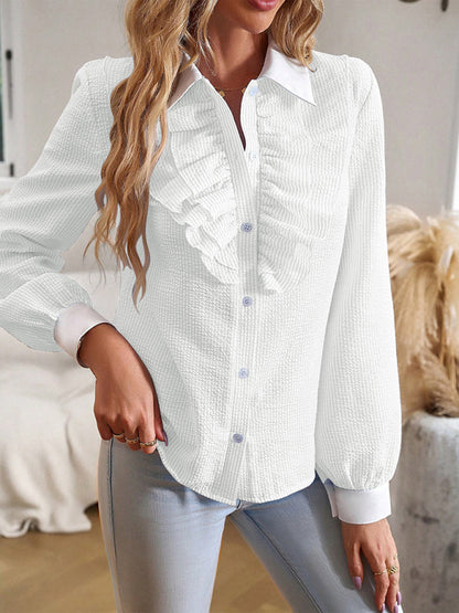 Women's commuter lapel lace patchwork long-sleeved blouse - FashionistaDeal