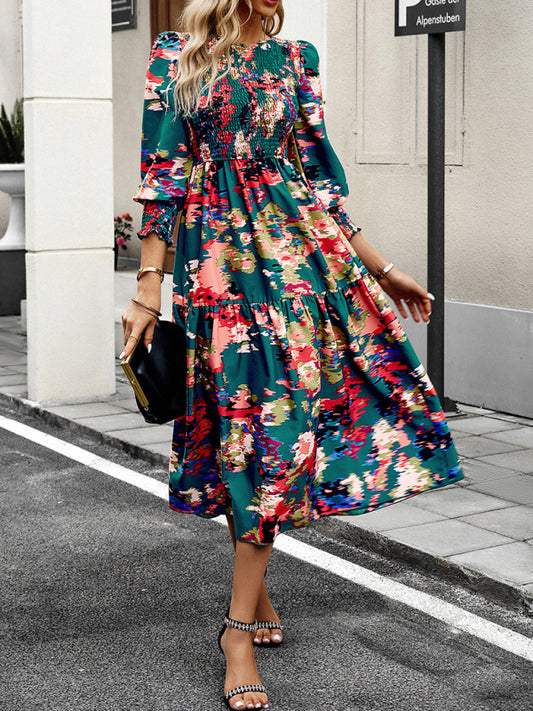 Women's Elegant Commuting Round Neck Printed Dress - FashionistaDeal