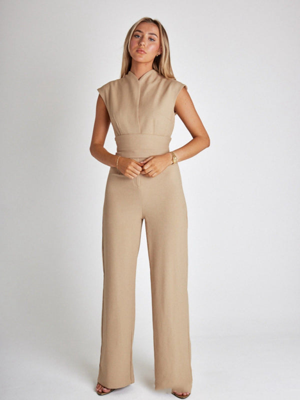 Women temperament strapped waist solid color V-neck sleeveless wide-leg jumpsuit - FashionistaDeal