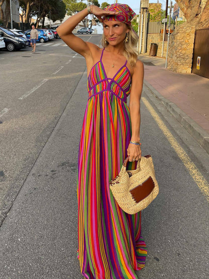 Women's rainbow striped V-neck sleeveless beach dress - FashionistaDeal