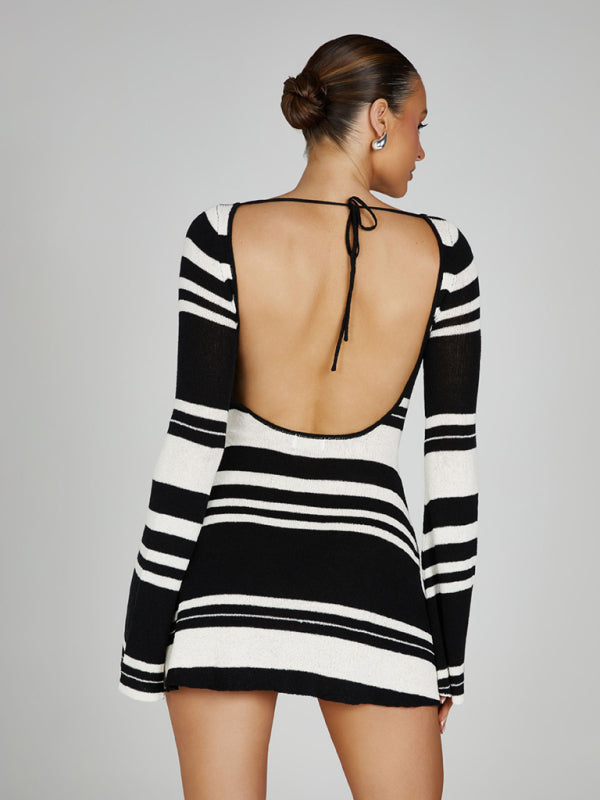 Women's bell sleeves backless striped slim knitted dress - FashionistaDeal