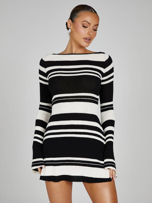 Women's bell sleeves backless striped slim knitted dress - FashionistaDeal