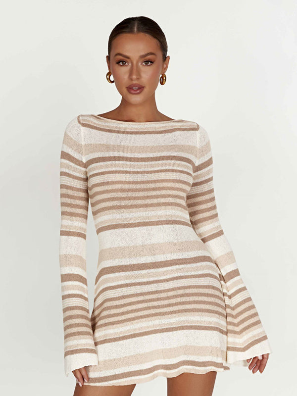 Women's bell sleeves backless striped slim knitted dress - FashionistaDeal