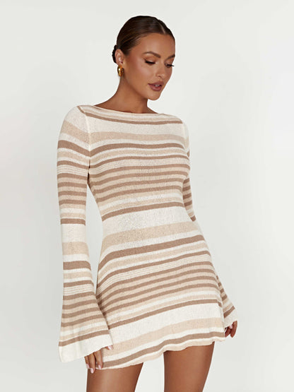 Women's bell sleeves backless striped slim knitted dress - FashionistaDeal