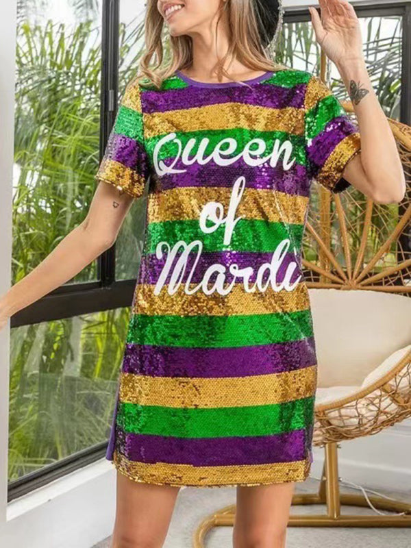 Women's mid-length striped lettering sequined T-shirt dress - FashionistaDeal