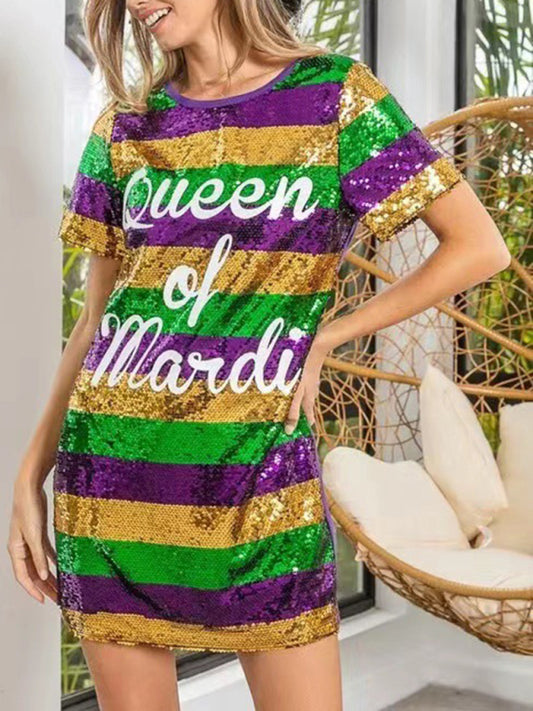 Women's mid-length striped lettering sequined T-shirt dress - FashionistaDeal