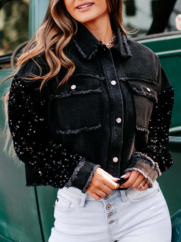 Women's sequined short denim jacket - FashionistaDeal