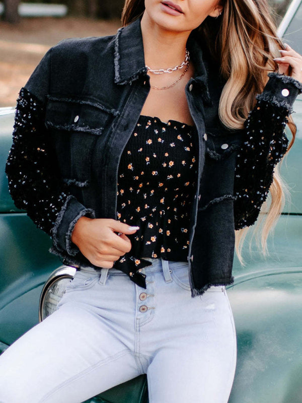 Women's sequined short denim jacket - FashionistaDeal