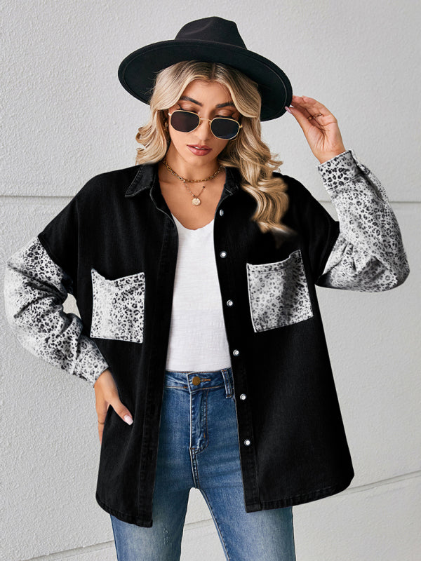 Women's loose leopard print patchwork denim shirt long sleeve top cardigan - FashionistaDeal