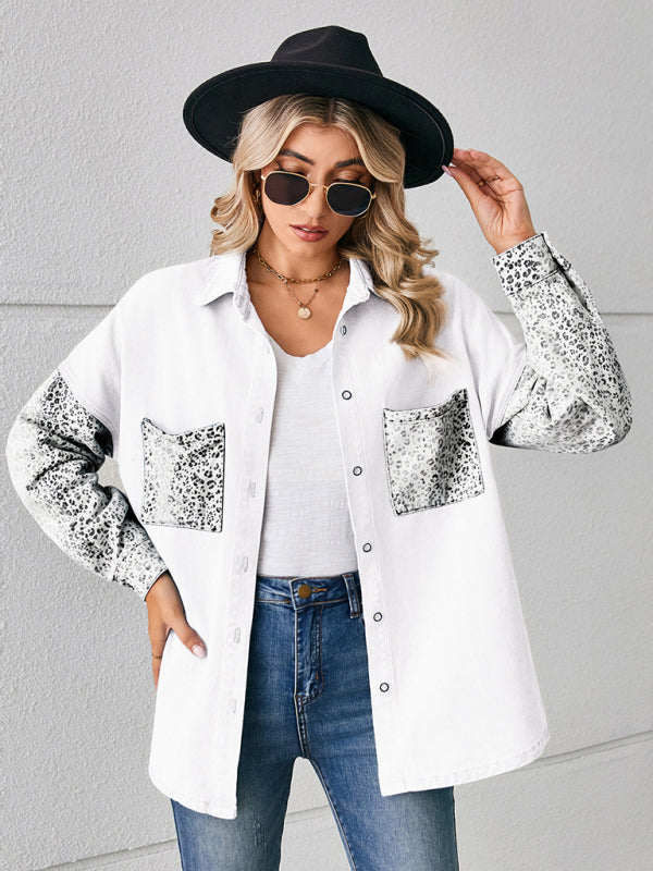 Women's loose leopard print patchwork denim shirt long sleeve top cardigan - FashionistaDeal