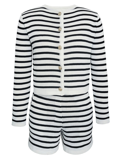 Women's striped simple cardigan shorts two-piece suit - FashionistaDeal