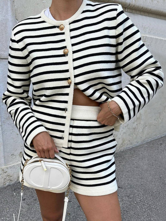 Women's striped simple cardigan shorts two-piece suit - FashionistaDeal