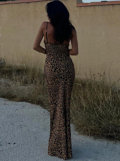 Women's halter neck fashion strap sexy backless leopard print dress - FashionistaDeal