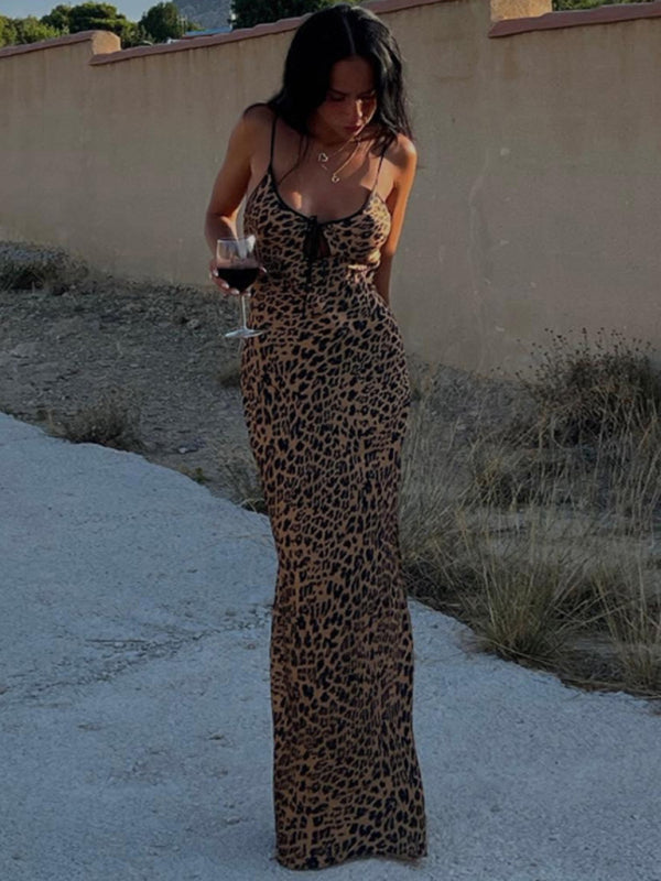 Women's halter neck fashion strap sexy backless leopard print dress - FashionistaDeal