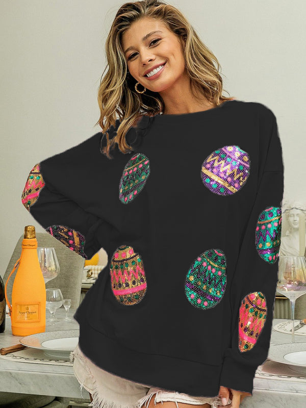 Women's Easter Egg Sequin Round Neck Pullover Sweatshirt - FashionistaDeal