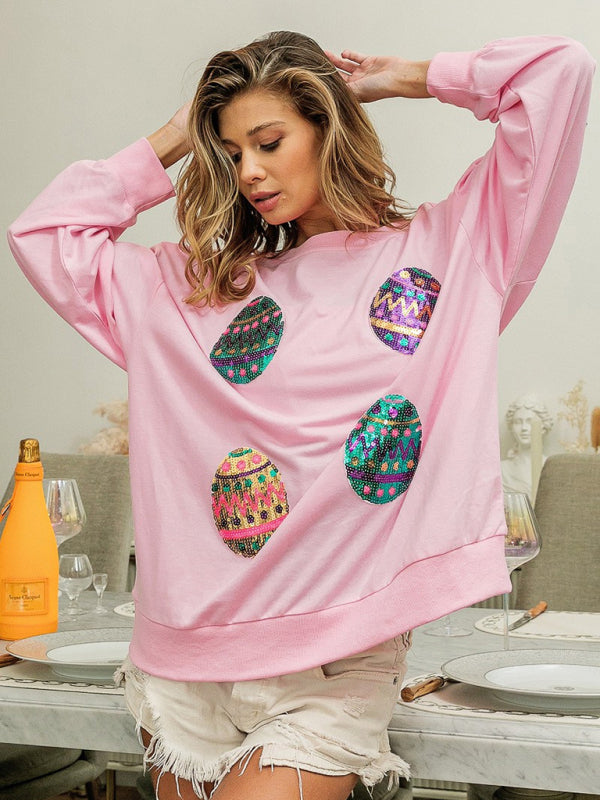 Women's Easter Egg Sequin Round Neck Pullover Sweatshirt - FashionistaDeal