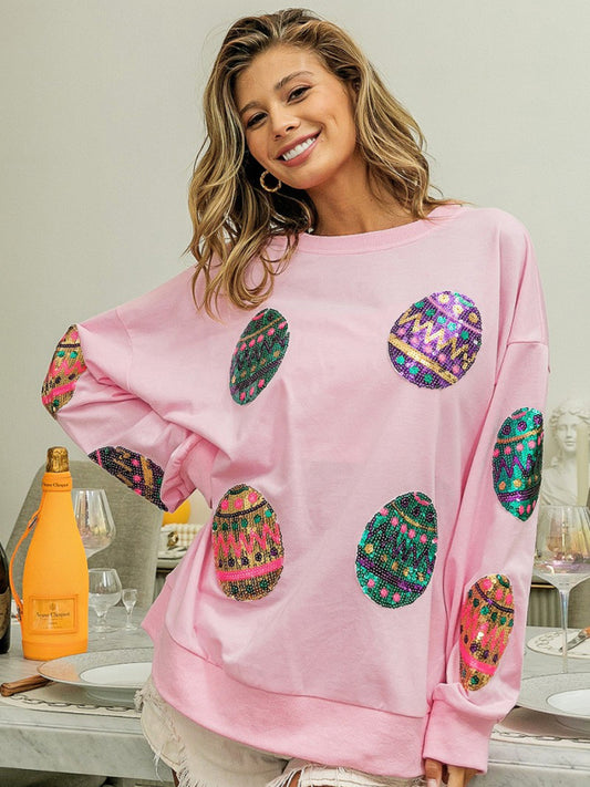 Women's Easter Egg Sequin Round Neck Pullover Sweatshirt - FashionistaDeal