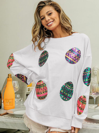 Women's Easter Egg Sequin Round Neck Pullover Sweatshirt - FashionistaDeal