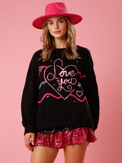 Women's love sequin sequin round neck pullover sweatshirt - FashionistaDeal