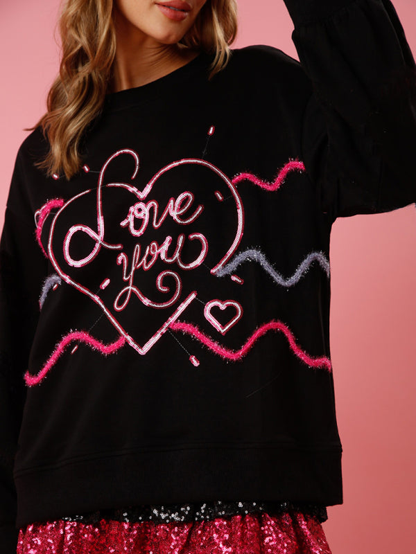 Women's love sequin sequin round neck pullover sweatshirt - FashionistaDeal