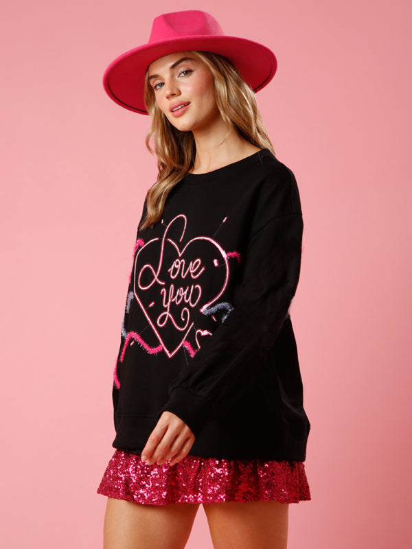 Women's love sequin sequin round neck pullover sweatshirt - FashionistaDeal