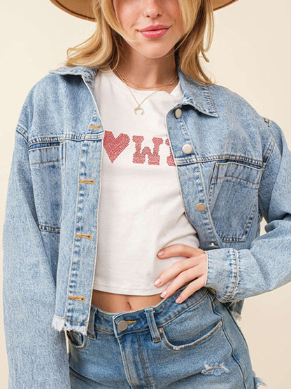 Women's love sequin denim jacket raw edge short top - FashionistaDeal