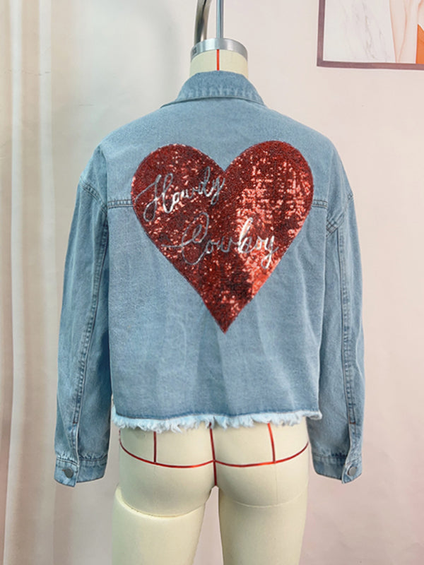 Women's love sequin denim jacket raw edge short top - FashionistaDeal