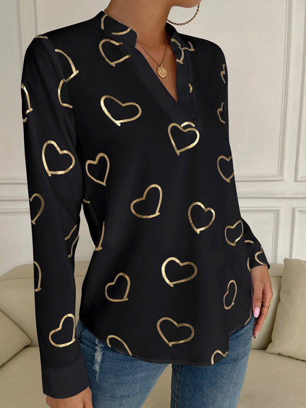 Women's love stamping elegant V-neck shirt - FashionistaDeal