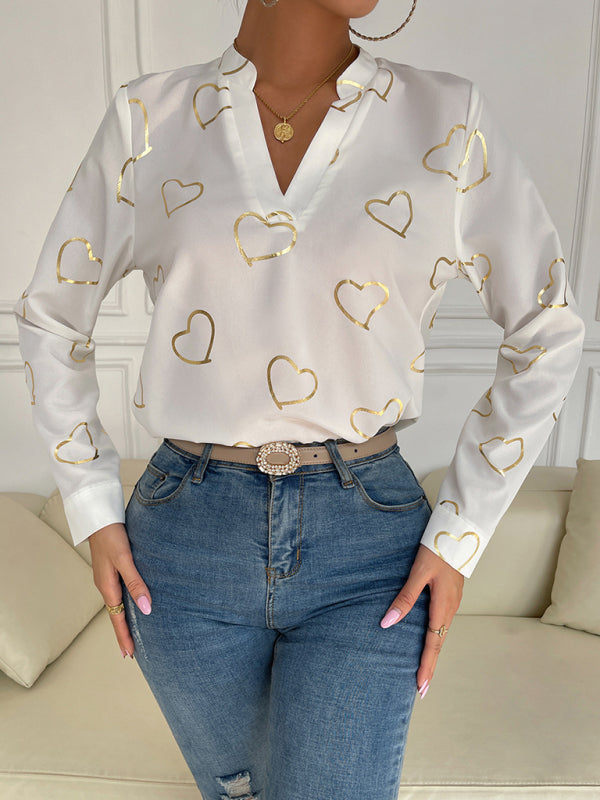 Women's love stamping elegant V-neck shirt - FashionistaDeal