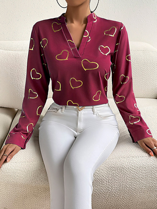 Women's love stamping elegant V-neck shirt - FashionistaDeal