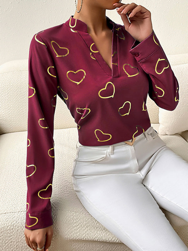 Women's love stamping elegant V-neck shirt - FashionistaDeal