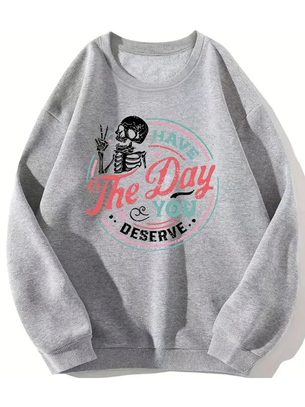 Women's skull print crew neck sweatshirt - FashionistaDeal