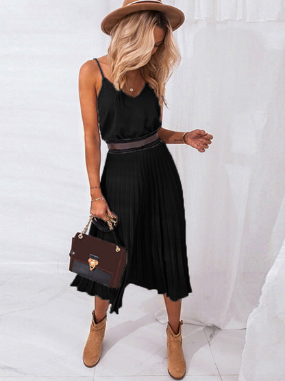 Women's loose and sexy V-neck pleated midi dress (belt not included) - FashionistaDeal