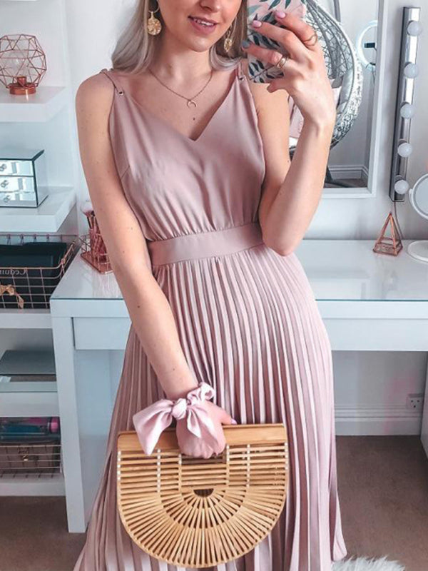 Women's loose and sexy V-neck pleated midi dress (belt not included) - FashionistaDeal