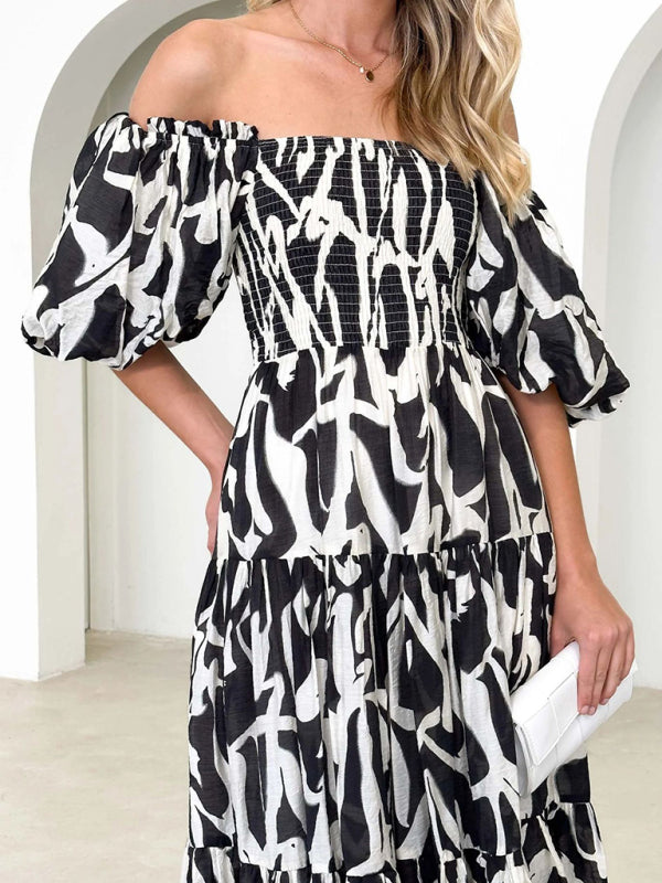 Women's Resort Style Puff Sleeve Printed French Cake Dress - FashionistaDeal